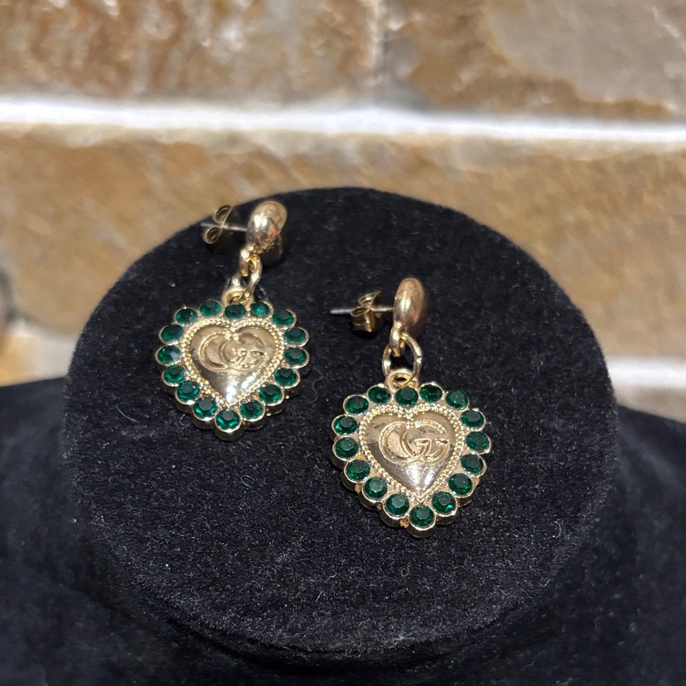 Gold and Green Gucci Heart Earrings